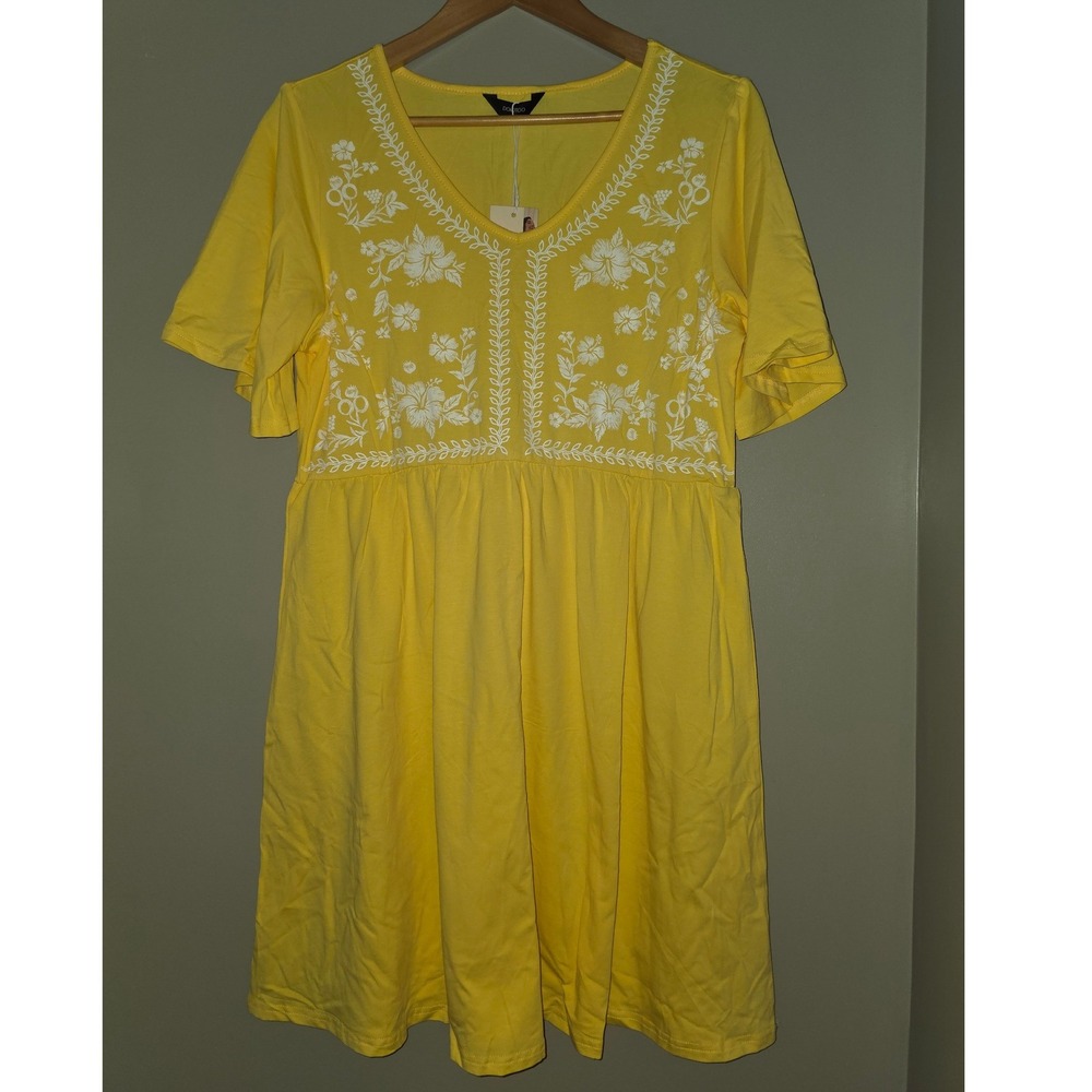 Dokotoo Womens Yellow Floral Embroidered Boho V-Neck Mini Dress Short Sleeve NEW